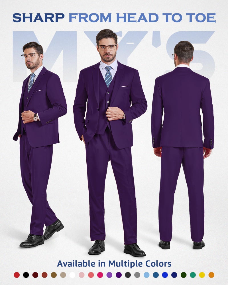 MYS MY'S Men's 3 Piece Suit Set with Tie, One Button Slim Fit Solid Jacket Vest Pants, Prom Party Wedding Business Suits for Men, Deep Purple Small - Image 2